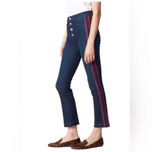 Veronica Beard Denim - Veronica Beard Dark Blue Cropped Jeans with Red Side Stripes, hem is a raw edge
